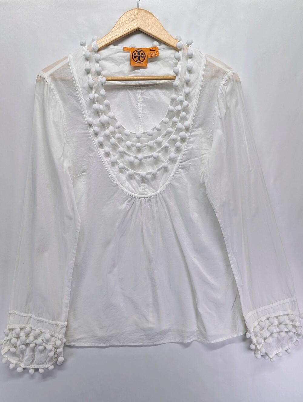 114.Tory Burch White Long-Sleeve Pom-Pom Trim Blouse